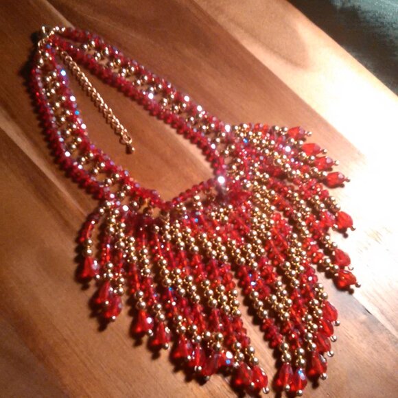 Red Glass and Beaded Waterfall Goldtone Necklace - Picture 4 of 16